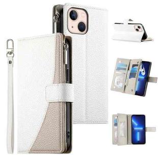 For iPhone 13 mini Stitching Multi-card Zipper Wallet Leather Phone Case with Short Strap(White)