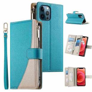 For iPhone 12 Pro Max Stitching Multi-card Zipper Wallet Leather Phone Case with Short Strap(Blue)