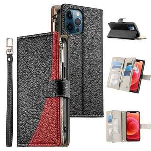 For iPhone 12 Pro Max Stitching Multi-card Zipper Wallet Leather Phone Case with Short Strap(Black)