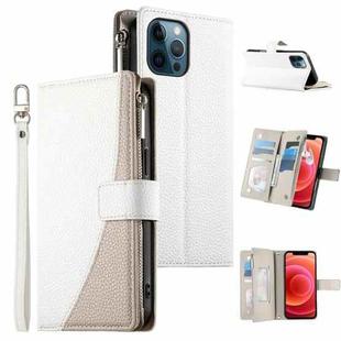 For iPhone 12 Pro Max Stitching Multi-card Zipper Wallet Leather Phone Case with Short Strap(White)
