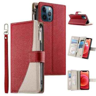 For iPhone 12 Pro Max Stitching Multi-card Zipper Wallet Leather Phone Case with Short Strap(Red)