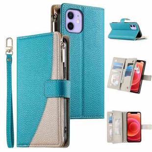 For iPhone 12 / 12 Pro Stitching Multi-card Zipper Wallet Leather Phone Case with Short Strap(Blue)