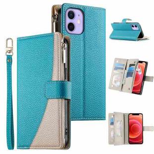 For iPhone 12 mini Stitching Multi-card Zipper Wallet Leather Phone Case with Short Strap(Blue)