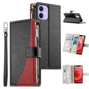 For iPhone 12 mini Stitching Multi-card Zipper Wallet Leather Phone Case with Short Strap(Black)