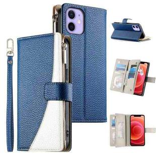 For iPhone 12 mini Stitching Multi-card Zipper Wallet Leather Phone Case with Short Strap(Dark Blue)