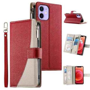 For iPhone 12 mini Stitching Multi-card Zipper Wallet Leather Phone Case with Short Strap(Red)