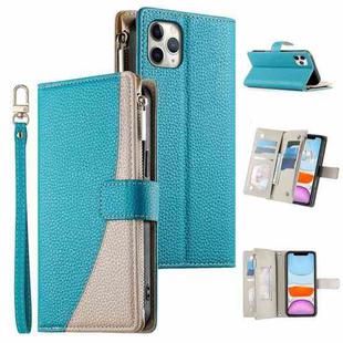 For iPhone 11 Pro Max Stitching Multi-card Zipper Wallet Leather Phone Case with Short Strap(Blue)