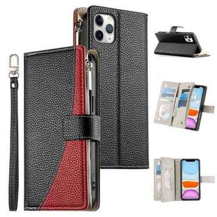 For iPhone 11 Pro Max Stitching Multi-card Zipper Wallet Leather Phone Case with Short Strap(Black)