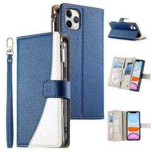 For iPhone 11 Pro Max Stitching Multi-card Zipper Wallet Leather Phone Case with Short Strap(Dark Blue)