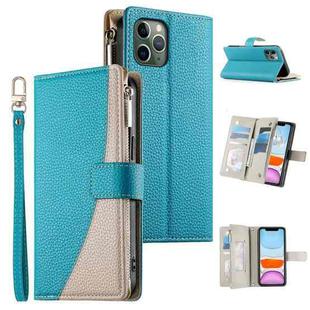 For iPhone 11 Pro Stitching Multi-card Zipper Wallet Leather Phone Case with Short Strap(Blue)