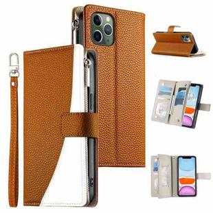 For iPhone 11 Pro Stitching Multi-card Zipper Wallet Leather Phone Case with Short Strap(Brown)