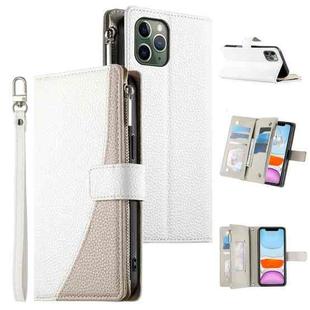 For iPhone 11 Pro Stitching Multi-card Zipper Wallet Leather Phone Case with Short Strap(White)