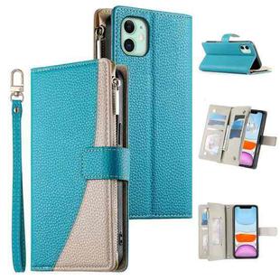 For iPhone 11 Stitching Multi-card Zipper Wallet Leather Phone Case with Short Strap(Blue)