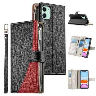 For iPhone 11 Stitching Multi-card Zipper Wallet Leather Phone Case with Short Strap(Black)