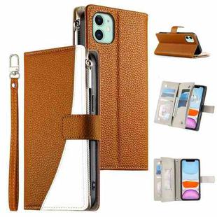 For iPhone 11 Stitching Multi-card Zipper Wallet Leather Phone Case with Short Strap(Brown)
