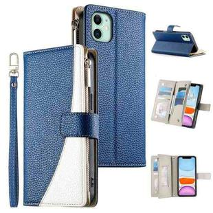 For iPhone 11 Stitching Multi-card Zipper Wallet Leather Phone Case with Short Strap(Dark Blue)