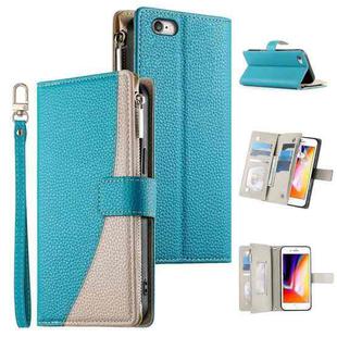 For iPhone SE 2022 / SE 2020 / 8 / 7 Stitching Multi-card Zipper Wallet Leather Phone Case with Short Strap(Blue)