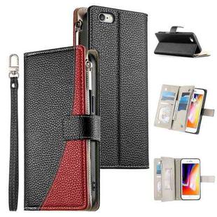 For iPhone SE 2022 / SE 2020 / 8 / 7 Stitching Multi-card Zipper Wallet Leather Phone Case with Short Strap(Black)