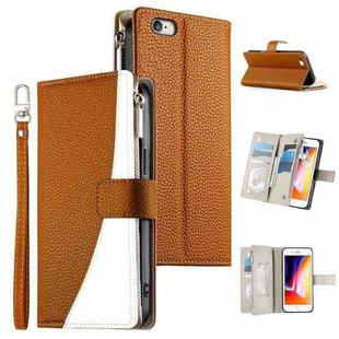 For iPhone SE 2022 / SE 2020 / 8 / 7 Stitching Multi-card Zipper Wallet Leather Phone Case with Short Strap(Brown)