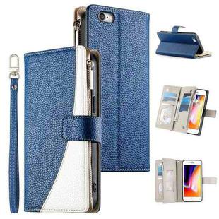 For iPhone SE 2022 / SE 2020 / 8 / 7 Stitching Multi-card Zipper Wallet Leather Phone Case with Short Strap(Dark Blue)