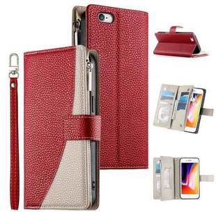 For iPhone SE 2022 / SE 2020 / 8 / 7 Stitching Multi-card Zipper Wallet Leather Phone Case with Short Strap(Red)