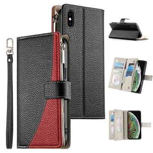 For iPhone XS Max Stitching Multi-card Zipper Wallet Leather Phone Case with Short Strap(Black)