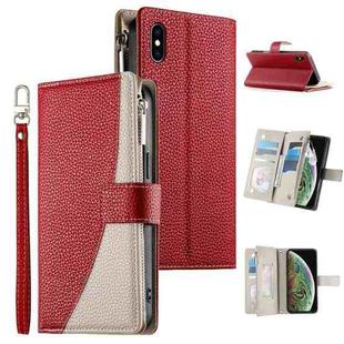 For iPhone XS Max Stitching Multi-card Zipper Wallet Leather Phone Case with Short Strap(Red)
