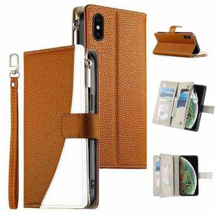 For iPhone X / XS Stitching Multi-card Zipper Wallet Leather Phone Case with Short Strap(Brown)