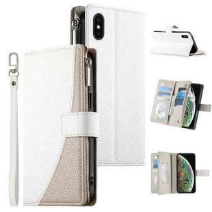 For iPhone X / XS Stitching Multi-card Zipper Wallet Leather Phone Case with Short Strap(White)