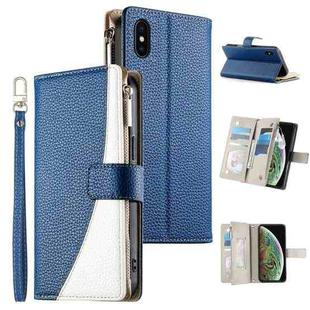 For iPhone X / XS Stitching Multi-card Zipper Wallet Leather Phone Case with Short Strap(Dark Blue)