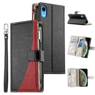 For iPhone XR Stitching Multi-card Zipper Wallet Leather Phone Case with Short Strap(Black)