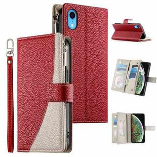 For iPhone XR Stitching Multi-card Zipper Wallet Leather Phone Case with Short Strap(Red)