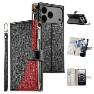 For iPhone 17 Pro Max Stitching Multi-card Zipper Wallet Leather Phone Case with Short Strap(Black)