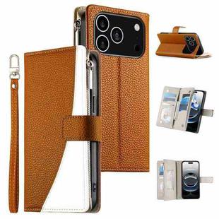 For iPhone 17 Pro Stitching Multi-card Zipper Wallet Leather Phone Case with Short Strap(Brown)