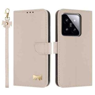 For Xiaomi 14 Metal Bow Leather Phone Case with Hand Strap(Apricot)