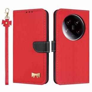 For Xiaomi 14 Ultra Metal Bow Leather Phone Case with Hand Strap(Red)