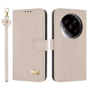 For Xiaomi 14 Ultra Metal Bow Leather Phone Case with Hand Strap(Apricot)