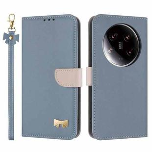 For Xiaomi 14 Ultra Metal Bow Leather Phone Case with Hand Strap(Light Blue)