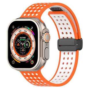 For Apple Watch 46mm / 49mm / 45mm / 44mm Magnetic Buckle Breathable Silicone Watch Band(Orange White)