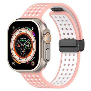 For Apple Watch 46mm / 49mm / 45mm / 44mm Magnetic Buckle Breathable Silicone Watch Band(Pink White)