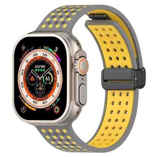 For Apple Watch 46mm / 49mm / 45mm / 44mm Magnetic Buckle Breathable Silicone Watch Band(Grey Yellow)