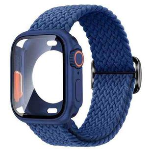 For Apple Watch Series 10 42mm Ladder Buckle Loop Nylon Watch Band with Change to Ultra 49mm Film PC Case(Dark Blue)