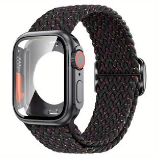 For Apple Watch Series 41mm Ladder Buckle Loop Nylon Watch Band with Change to Ultra 49mm Film PC Cover(Starlight Black)