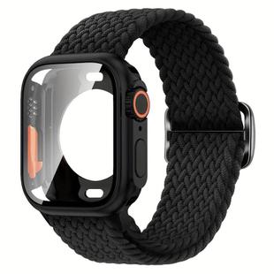 For Apple Watch Series 41mm Ladder Buckle Loop Nylon Watch Band with Change to Ultra 49mm Film PC Cover(Black)