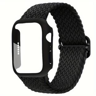 For Apple Watch Series 45mm Ladder Buckle Loop Nylon Watch Band with Film Frosted PC Cover(Black)
