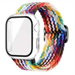 For Apple Watch Series 41mm Ladder Buckle Loop Nylon Watch Band with Film Frosted PC Cover(Rainbow)