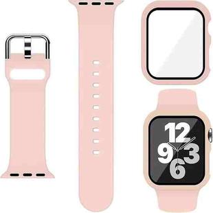 For Apple Watch 44mm / 45mm Pin Buckle Silicone Watch Band with Film Integrated PC Case(Pink)