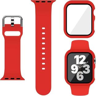 For Apple Watch Series 41mm Pin Buckle Silicone Watch Band with Film Integrated PC Case(Red)