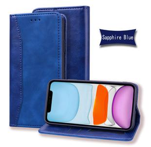 For iPhone 11 Business Stitching Horizontal Flip Leather Case with Double Folding & Bracket & Card Slots & Photo Frame & Wallet(Sapphire Blue)