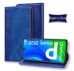 For Huawei P Smart (2020) Business Stitching Horizontal Flip Leather Case with Double Folding & Bracket & Card Slots & Photo Frame & Wallet(Sapphire Blue)
